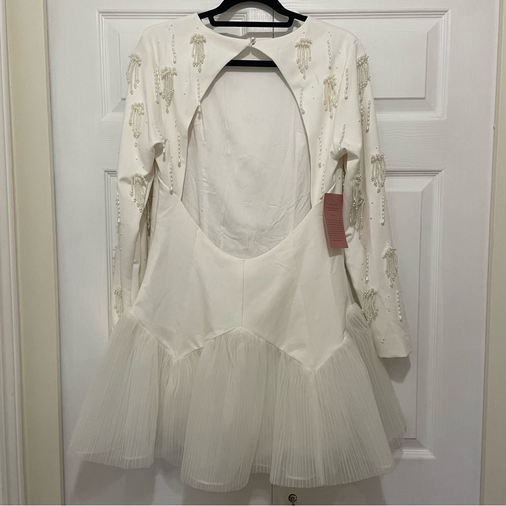 BHLDN White Long Sleeve Dress with Beaded Pearl Accents - Picture 5 of 8